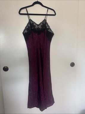 Lace-Trim Satin Slip Dress in Plum